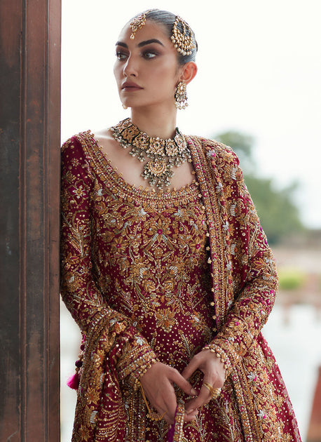 Red and Golden Lehenga Kameez for Pakistani Bridal Wear – Nameera by Farooq