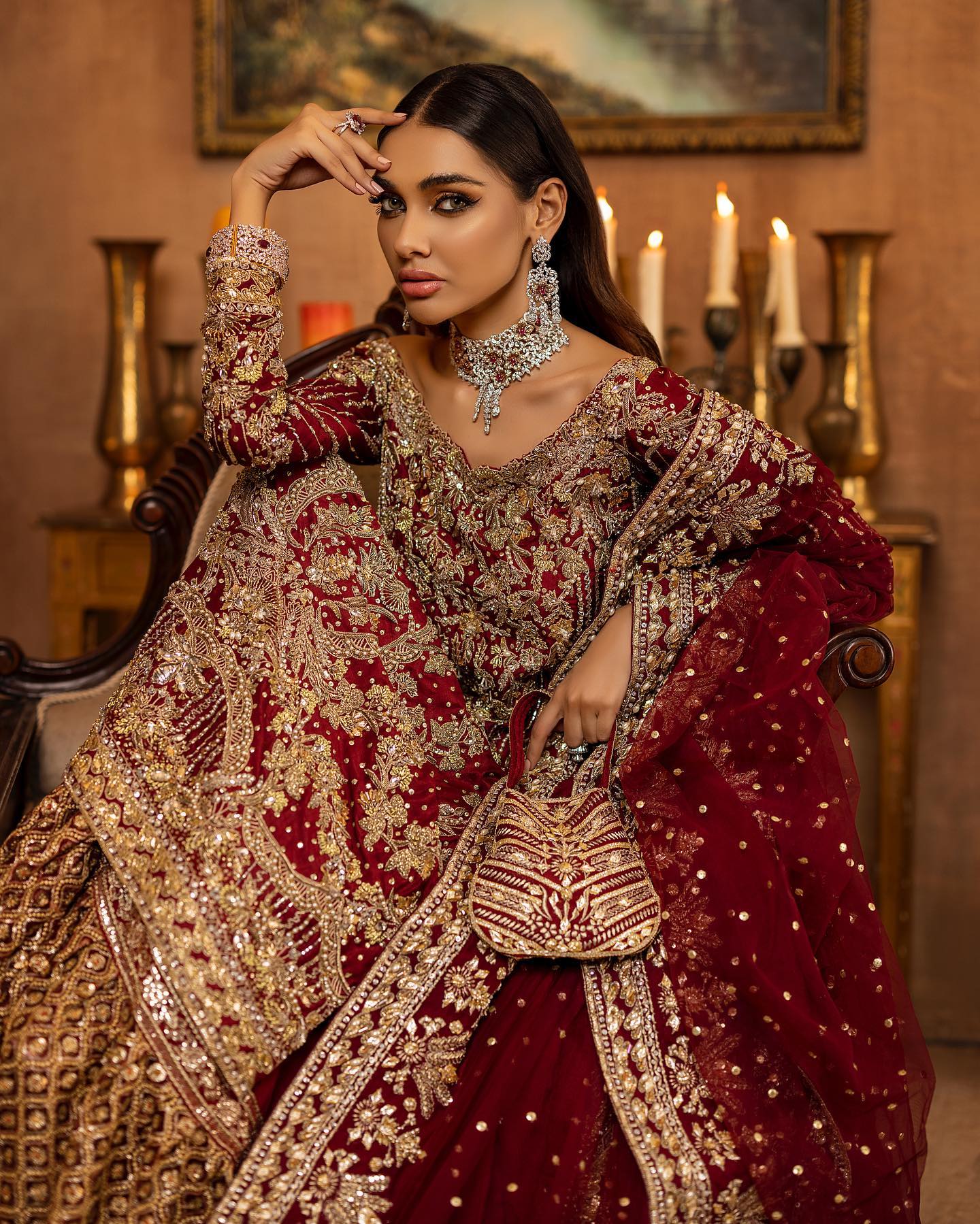 Farshi Lehenga Kameez Deep Red Bridal Dress Pakistani Nameera By Farooq 1438