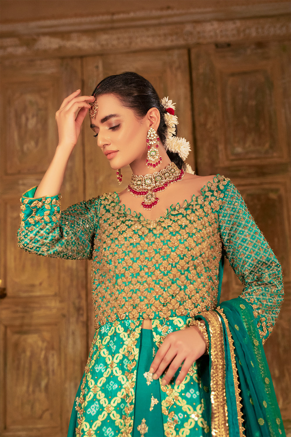 Mehndi Dress in Green Lehenga and Open Kameez Style – Nameera by Farooq