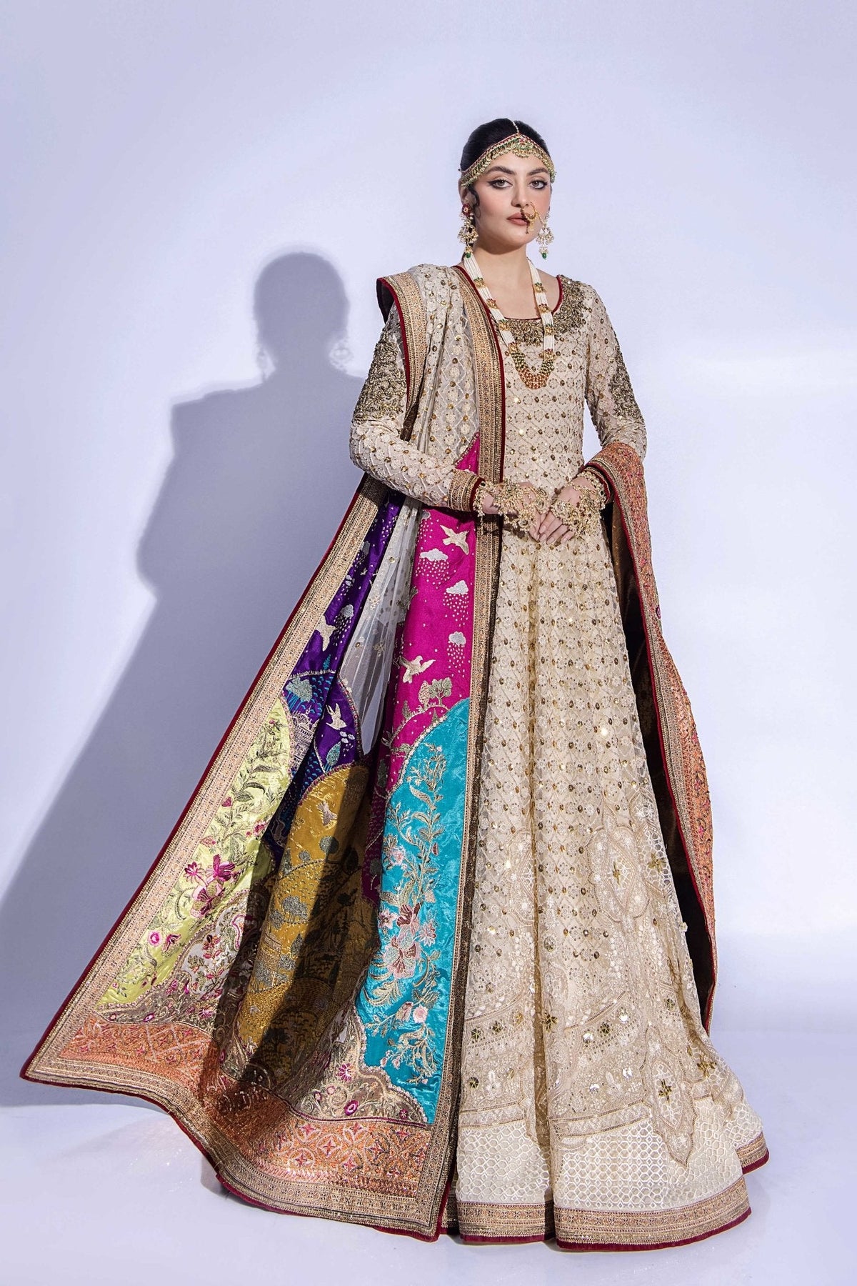 Royal Pakistani Bridal Pishwas Frock With Dupatta Dress Nameera By Farooq 3892