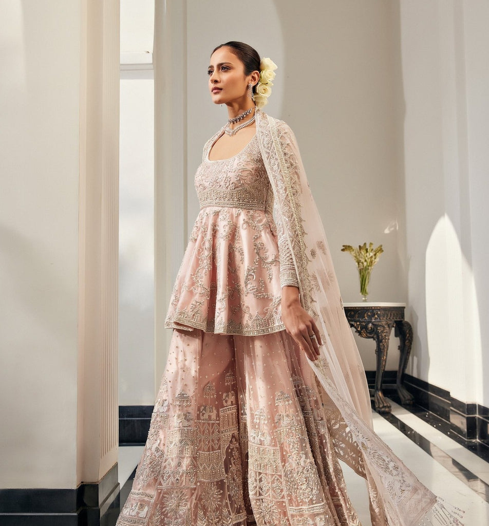 Royal Pakistani Bridal Wear in Sharara Frock Style Online Nameera by Farooq