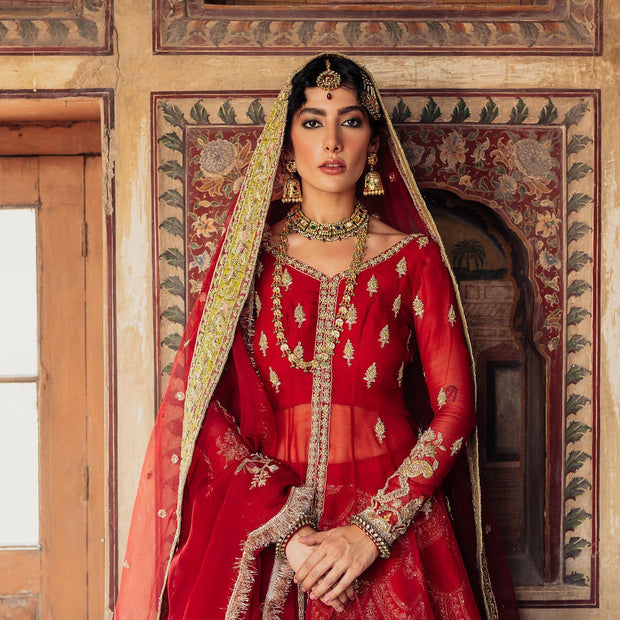 Royal Pakistani Red Bridal Lehenga with Frock Dress