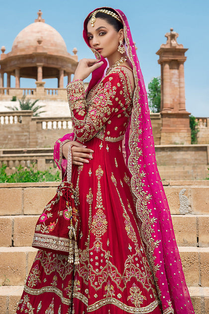 Pakistani Red Dress in Raw Silk Gown Style for Bride – Nameera by Farooq