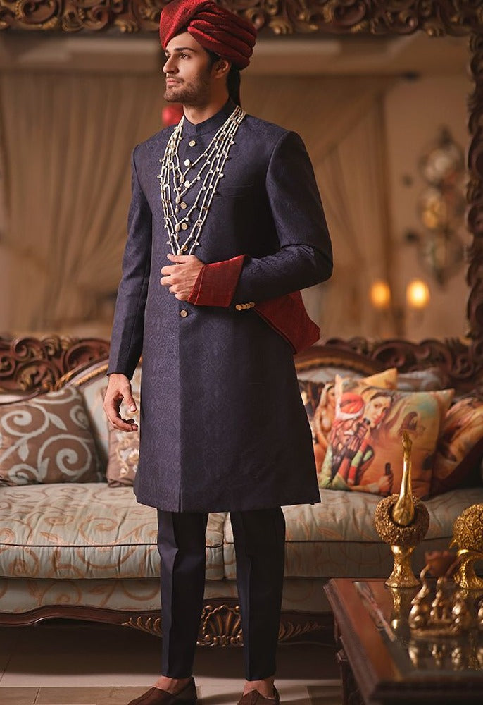 Pakistani Men Blue Sherwani with Dupatta Shawl GN73