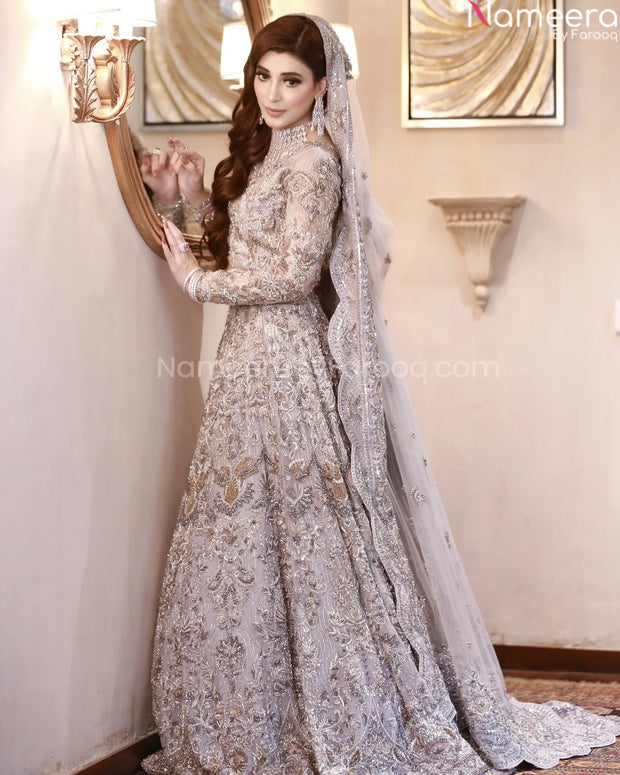 Premium Silver Bridal Lehenga Maxi Designer Dress Online – Nameera by Farooq