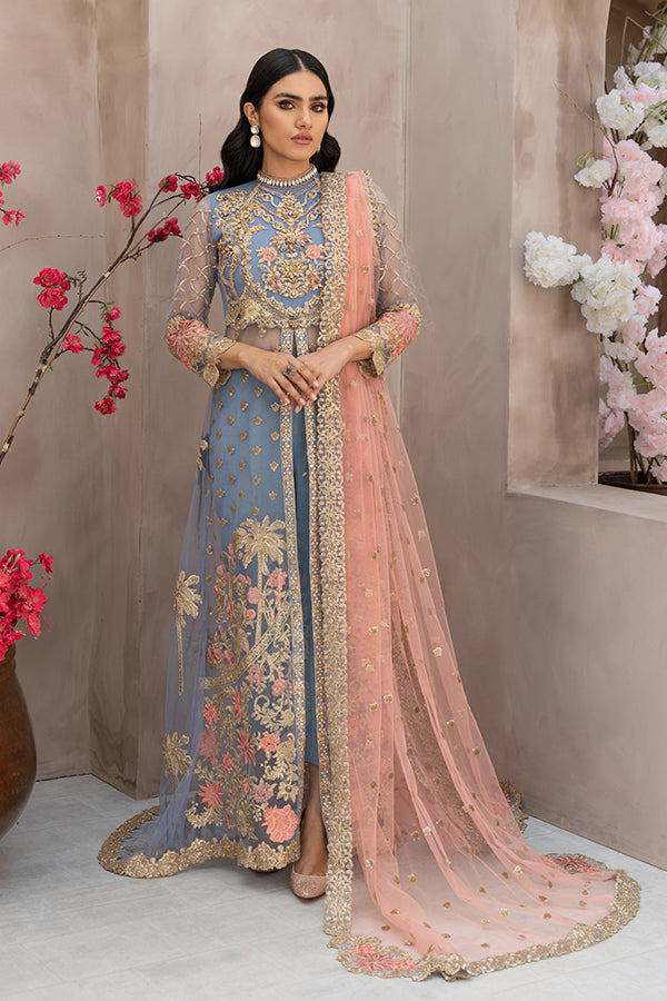 Teal Blue Traditional Front Open Gown Pakistani Eid Dress