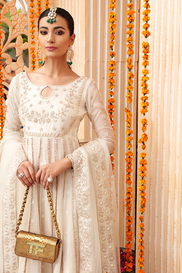 Traditional White and Gold Dress Pakistani in Pishwas Style