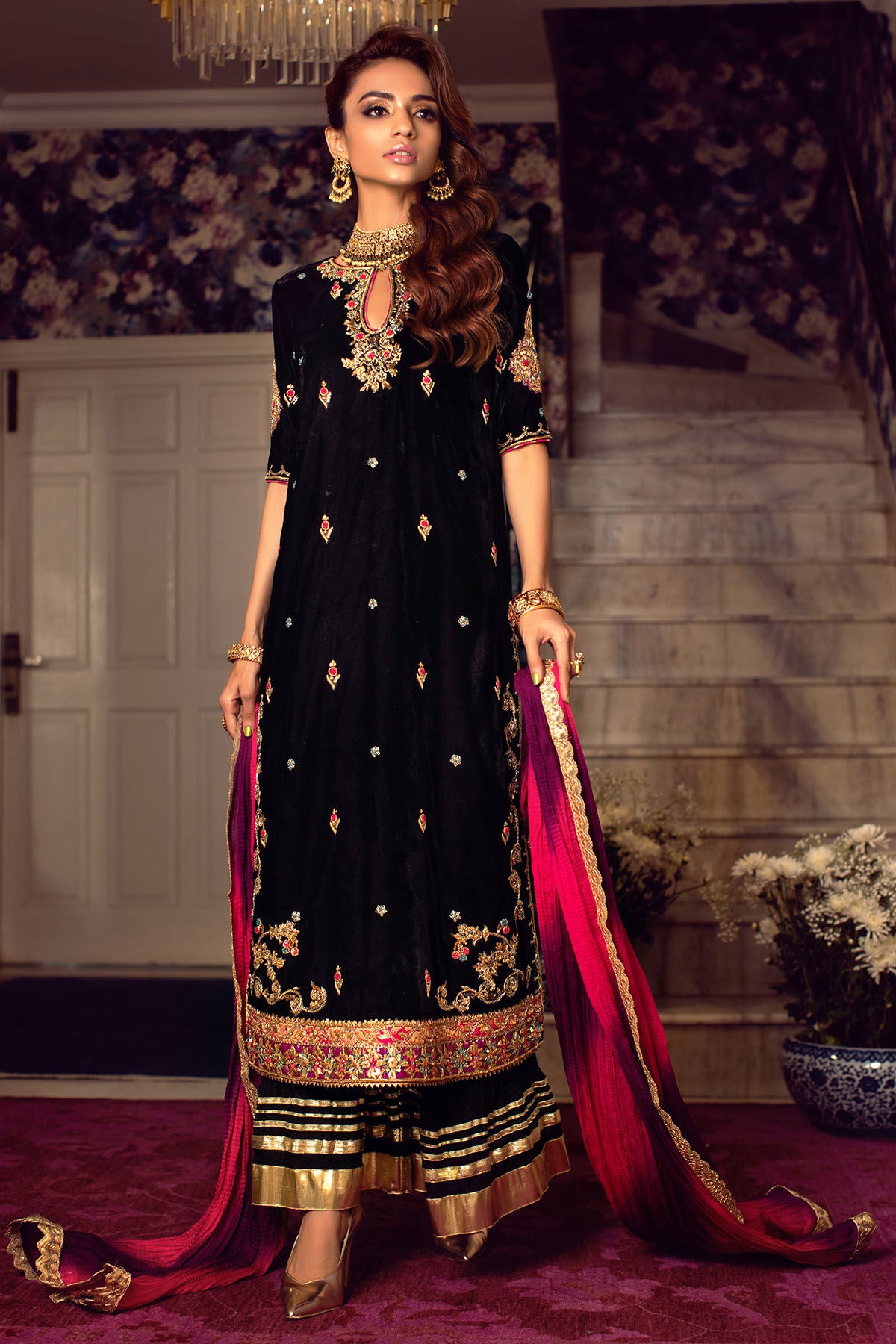 Velvet Pakistani Dress in Capri Kameez Style for Wedding Party ...