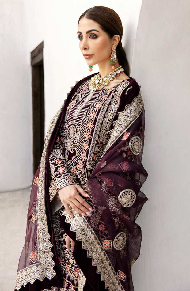 Velvet Party Wear Pakistani Dress in Plum Shade Online