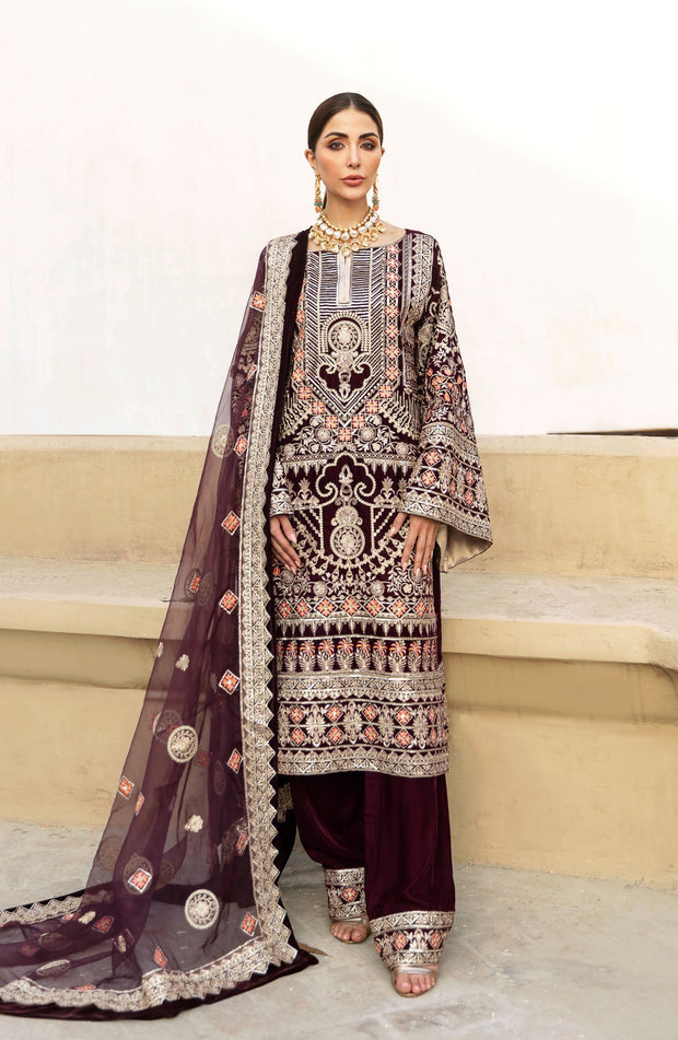 Velvet Party Wear Pakistani Dress in Plum Shade