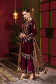 Beautiful Pakistani velvet embroidered party dress in rich maroon color # P2456