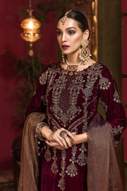 Beautiful Pakistani velvet embroidered party dress in rich maroon color # P2456