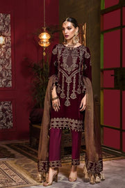 Beautiful Pakistani velvet embroidered party dress in rich maroon color # P2456