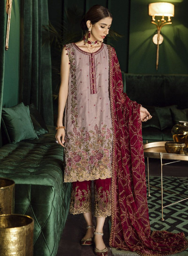 Beautiful Pakistani velvet embroidered party outfit in skin color