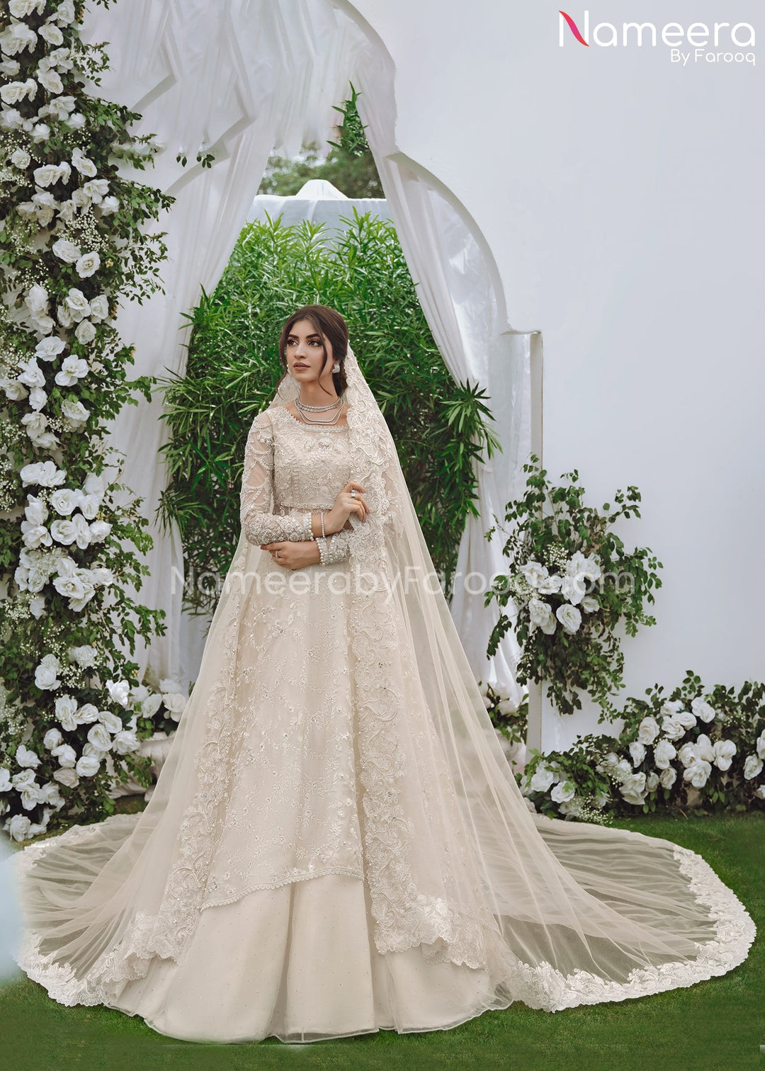 White Pakistani Bridal Dress in Lehenga Gown Style Online Nameera by Farooq