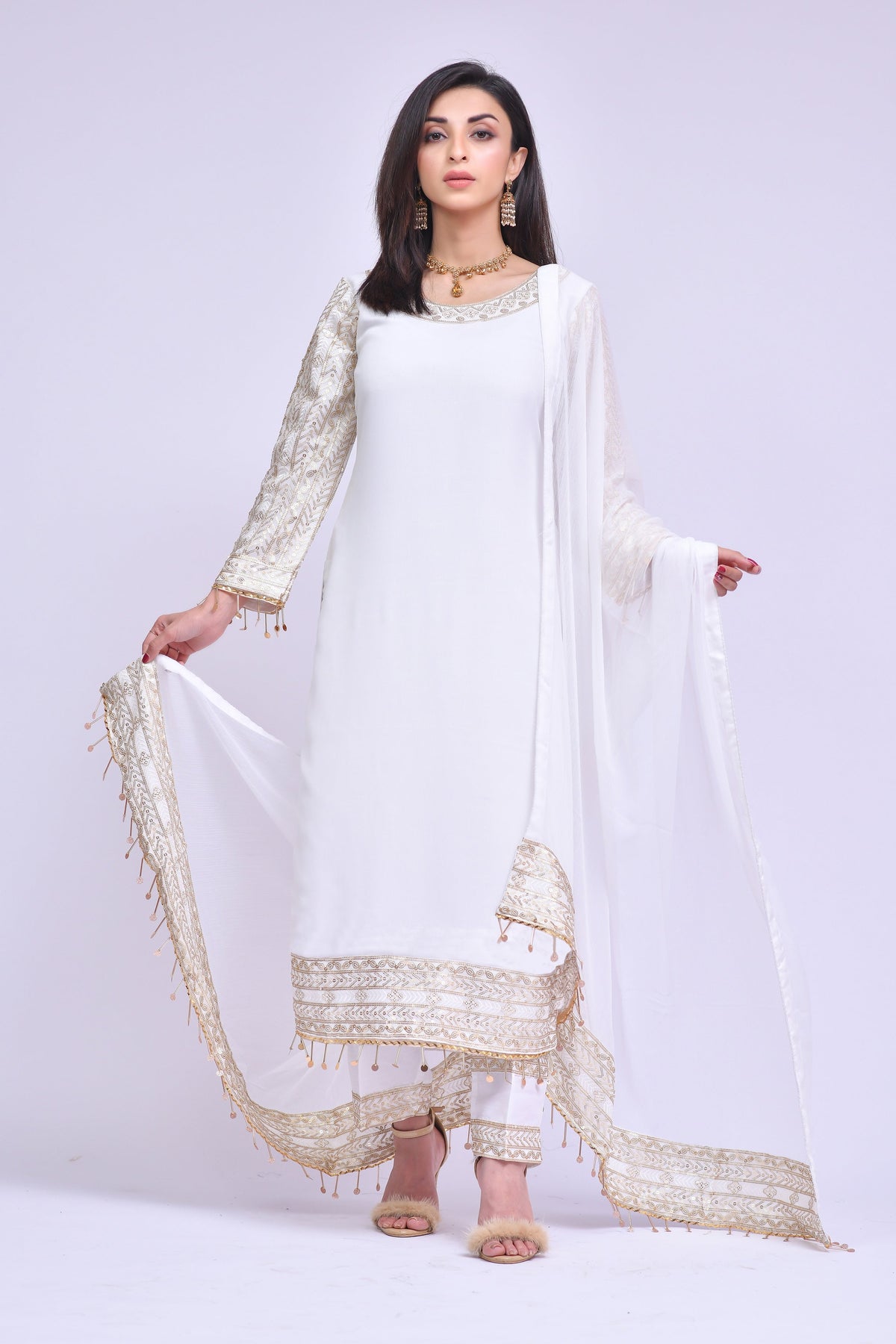 White Salwar Kameez And Dupatta Pakistani Eid Dress Online – Nameera By ...