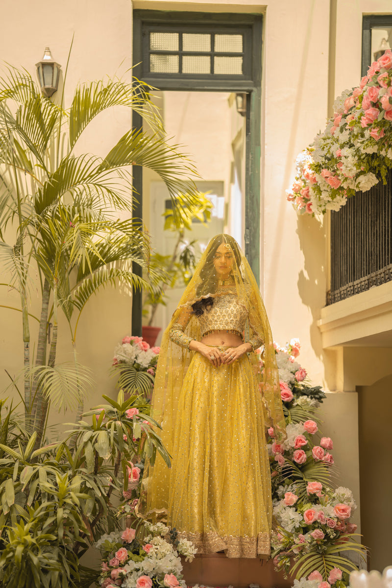 Yellow Pakistani Bridal Dress In Lehenga Choli Style Online Nameera By Farooq 6798