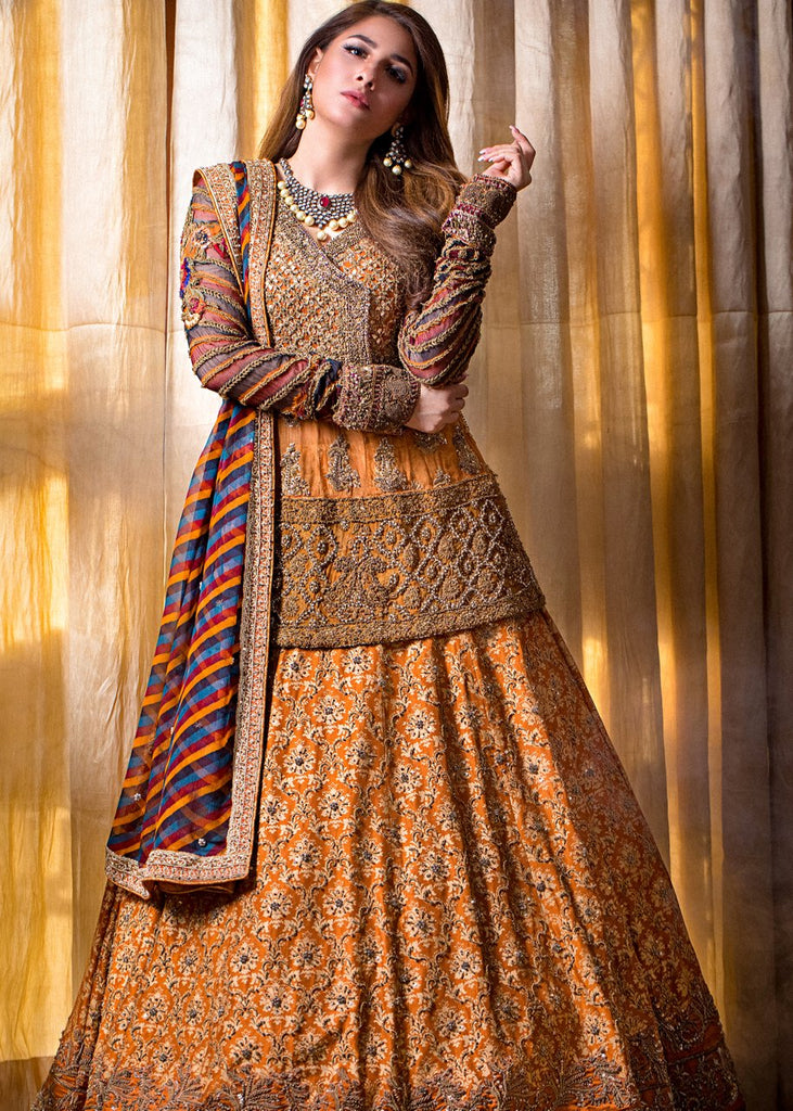 Yellow mehndi lehnga dress for bridal with multi work in USA Nameera by Farooq