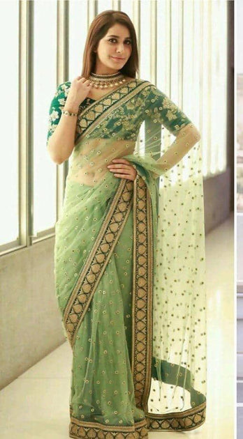 Fresh Indian Mint green Net embroidered saree – Nameera by Farooq