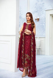 Latest embroidered chiffon dress online in reddish maroon color # P2511
