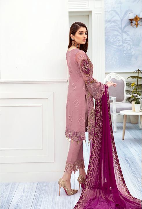 Latest embroidered chiffon dress online in lilac purple color # P2513