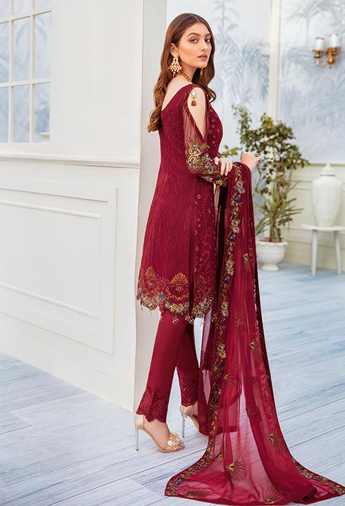 Latest embroidered chiffon dress online in reddish maroon color # P2511