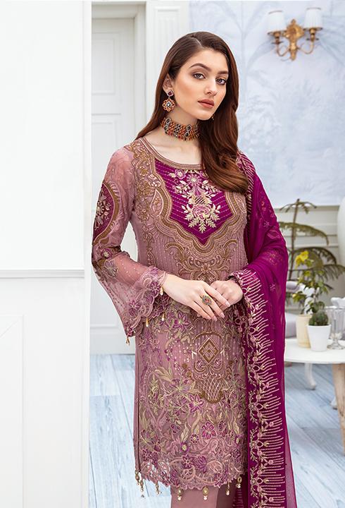 Latest embroidered chiffon dress online in lilac purple color # P2513
