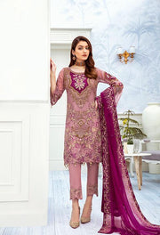 Latest embroidered chiffon dress online in lilac purple color