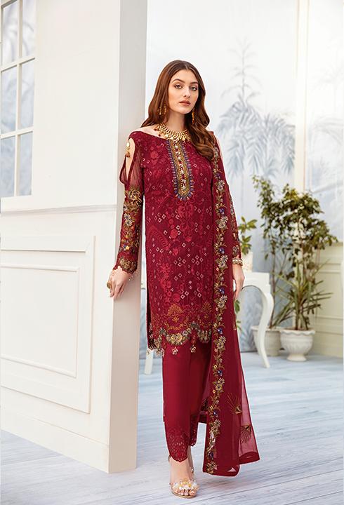 Latest embroidered chiffon dress online in reddish maroon color