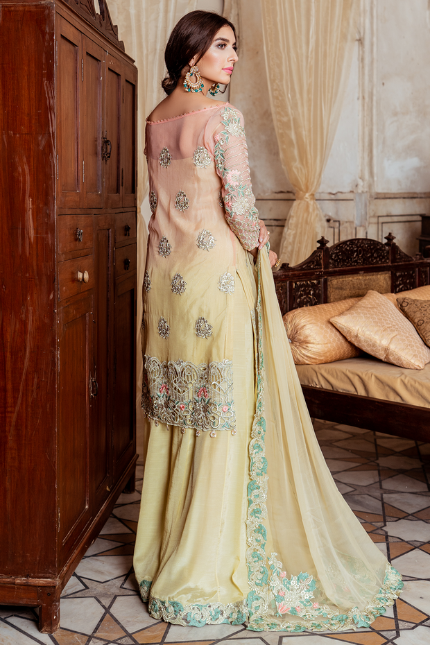 Pakistani chiffon embroidered party dress in lavish yellow color # P2446