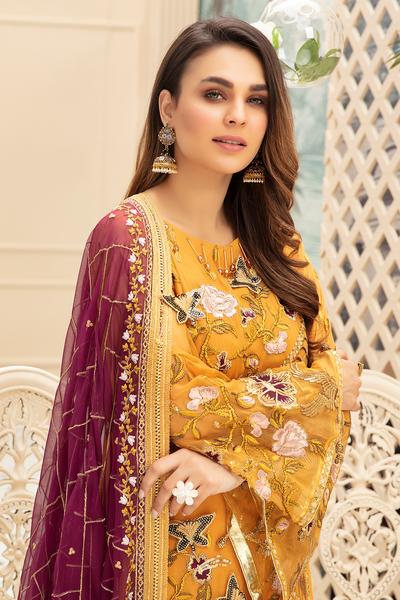 Latest embroidered Pakistani chiffon eid dress online in mustard color # E2216