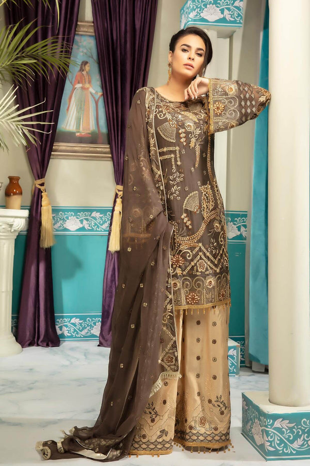 Latest embroidered chiffon eid dress in dark brown and skin color # P2471