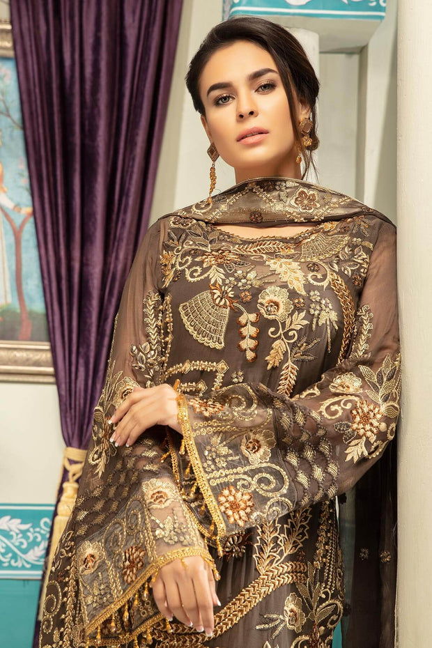 Latest embroidered chiffon eid dress in dark brown and skin color # P2471