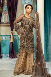 Latest embroidered chiffon eid dress in dark brown and skin color