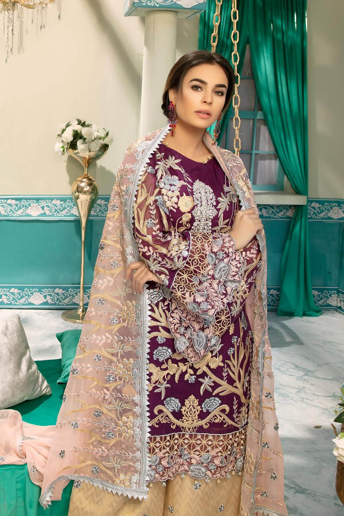 Eid Outfits For Girls Fully Chiffon Thread Embroidered Nameera By Farooq 0877