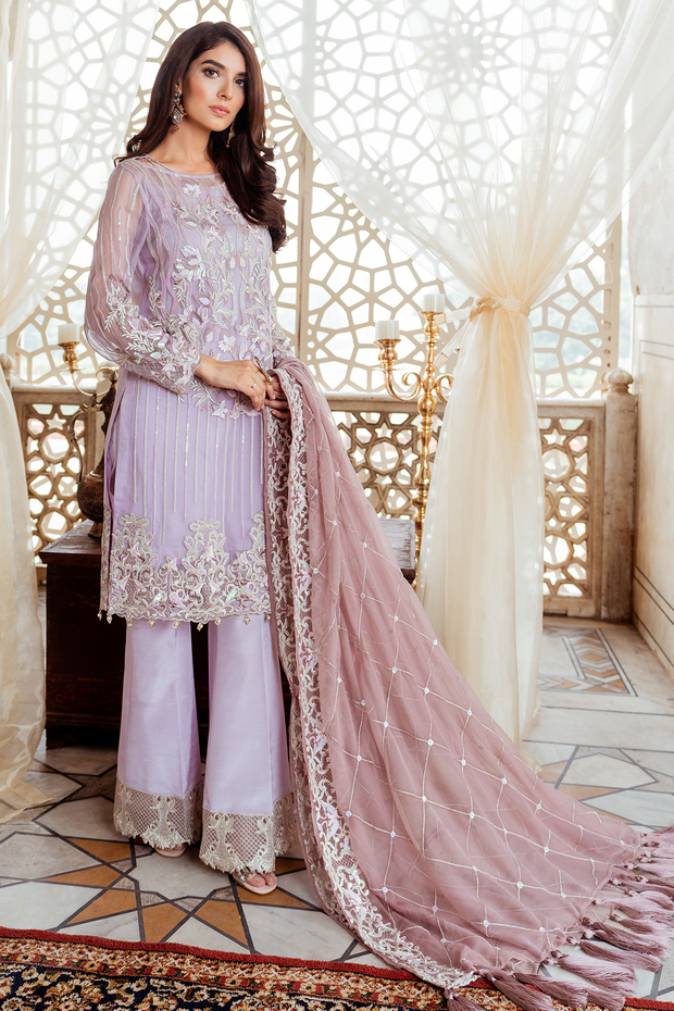 Pakistani embroidered chiffon party dress in ruffled lavender color