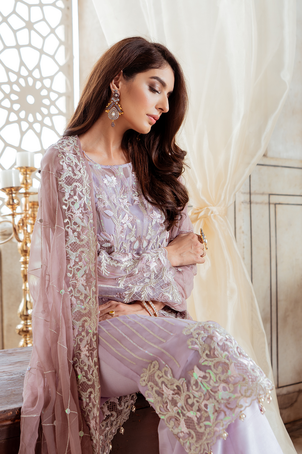 Pakistani embroidered chiffon party dress in ruffled lavender color