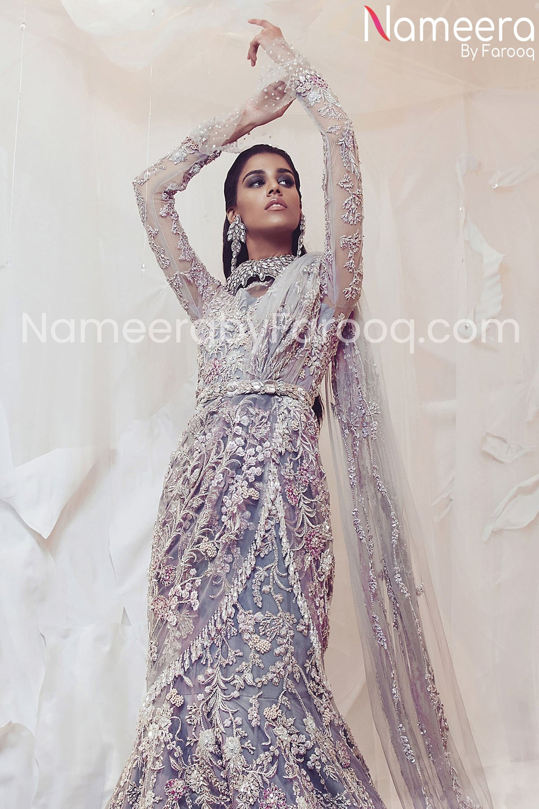 Designer Pakistani Fish Cut Lehenga for Bride Evening Event Nameera by Farooq