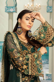 Latest chiffon embroidered girls eid outfit in green and brown color # P2473