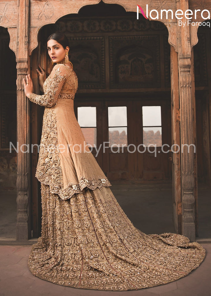 Buy Peach Pink Bridal Dress Pakistani in Pishwas Style Online – Nameera by  Farooq