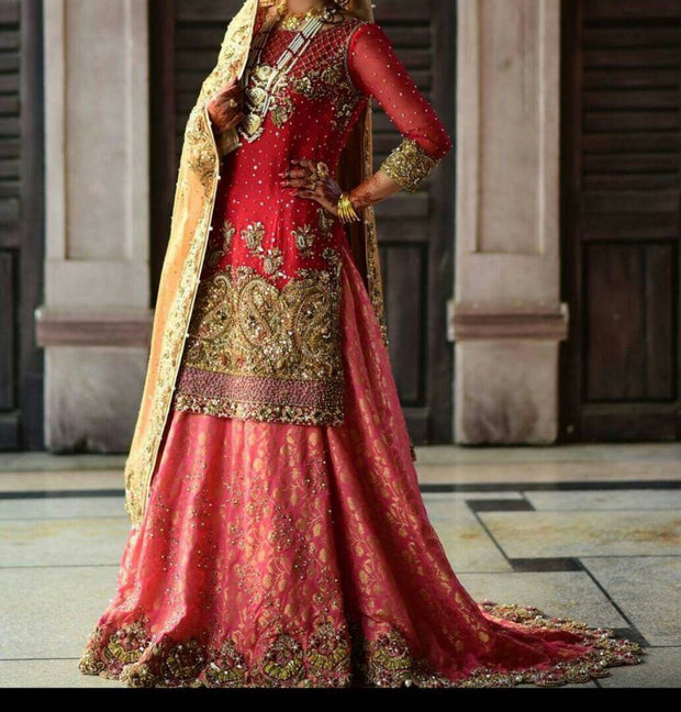 Wedding bridal dress in red and gold colour with dabka zari nugh and k –  Nameera by Farooq