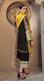 Elegant Pakistani jacquard and organza dress in black color # P2350