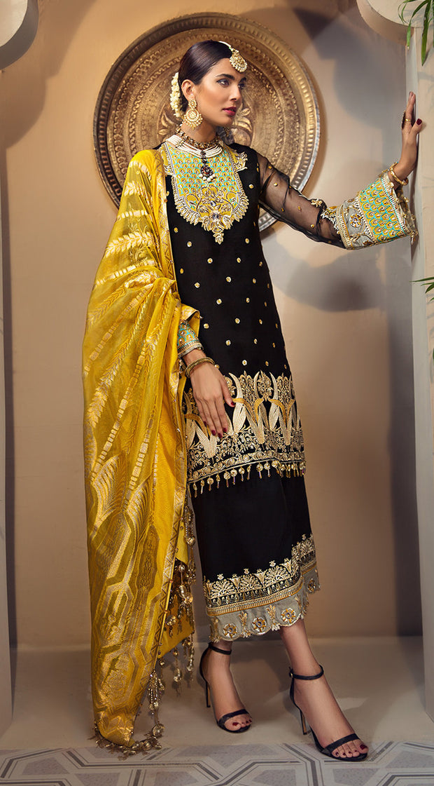 Elegant Pakistani jacquard and organza dress in black color # P2350