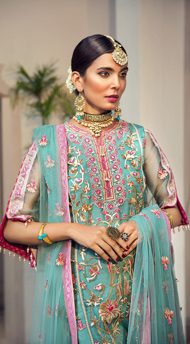 Pakistani organza embroidered outfit in blue and pink color # P2347