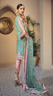 Pakistani organza embroidered outfit in blue and pink color # P2347