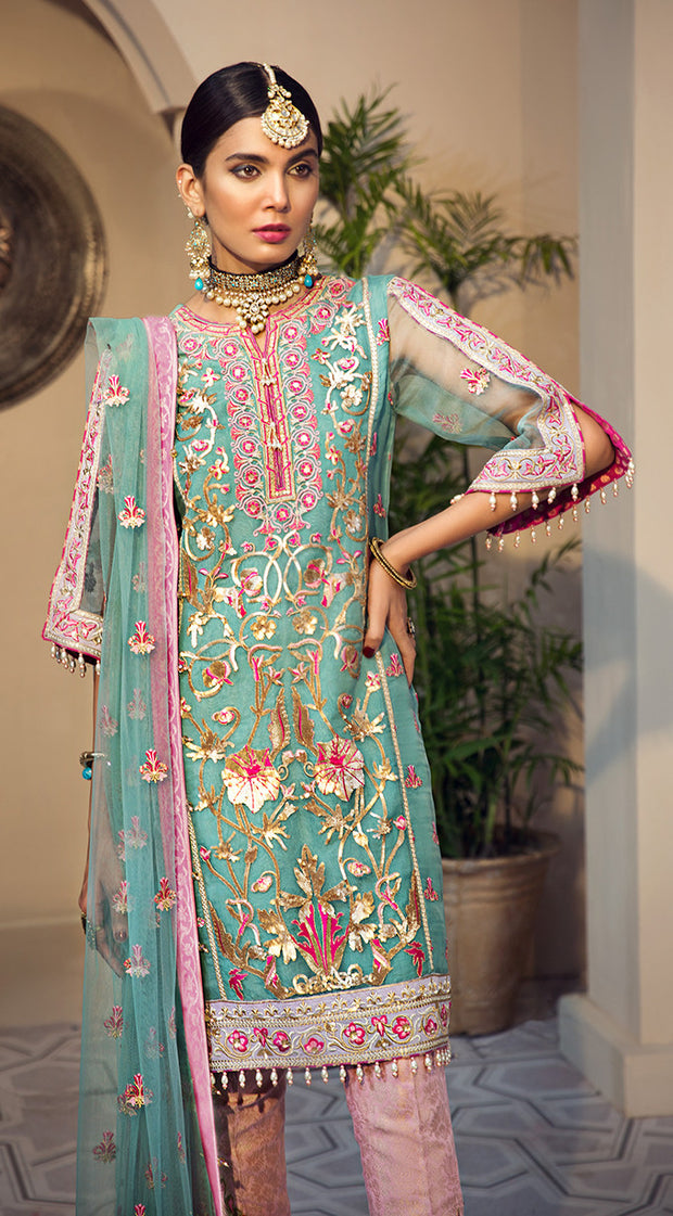 Pakistani organza embroidered outfit in blue and pink color # P2347