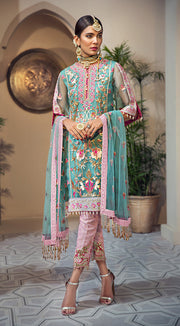 Pakistani organza embroidered outfit in blue and pink color