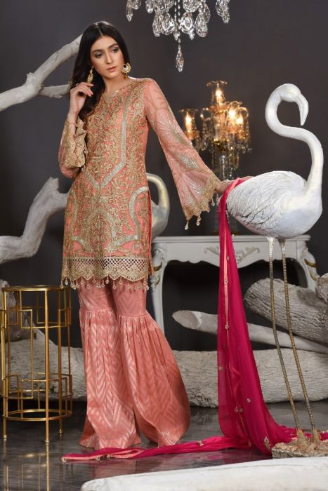 Pakistani Chiffon Dress In Peach Colour