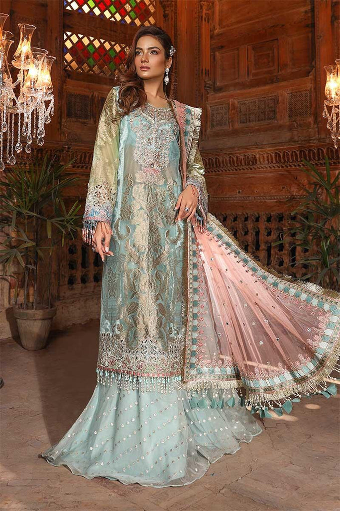 Pakistani fancy party dress in powder blue and coral color P2251