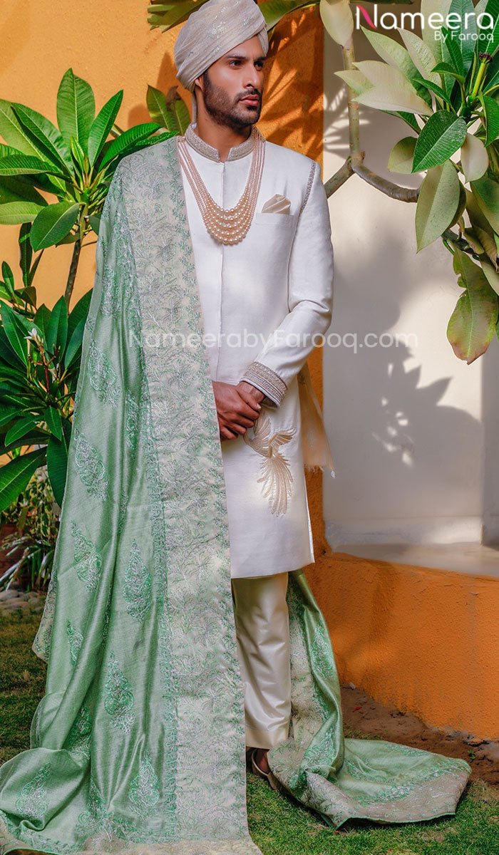 Designer Royal Sherwani Wedding Attire for Dulha with Shawl Nameera by Farooq